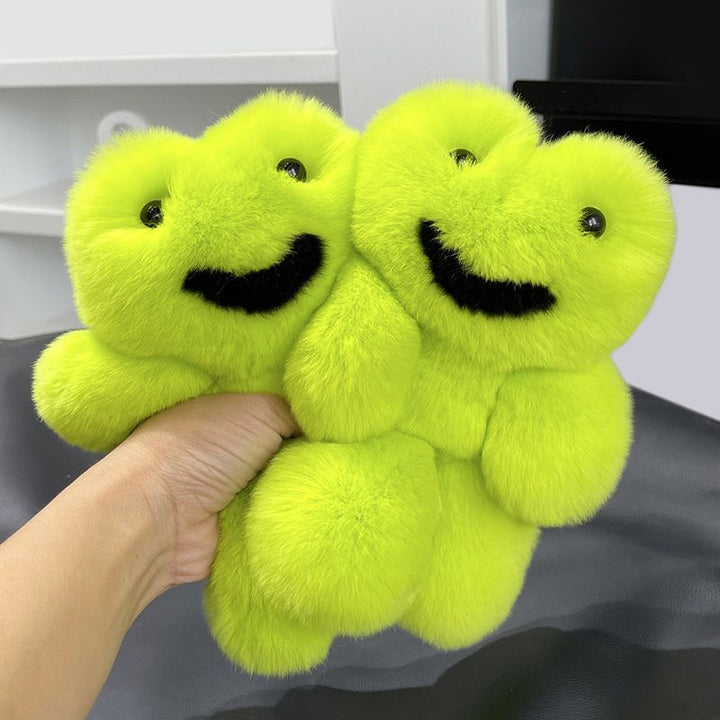 Fake-Smile Frog Funny Green Animal Real Rabbit Fur Keychain Plush Bag Charm
