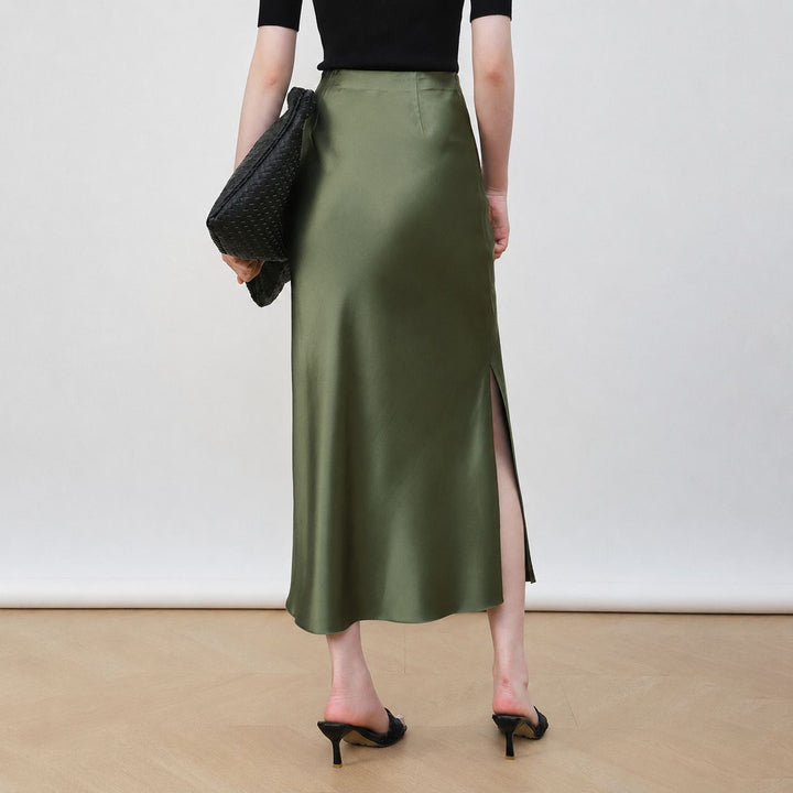 22 Momme Mulberry Charmeuse Silk Midi Skirt with Side Slit