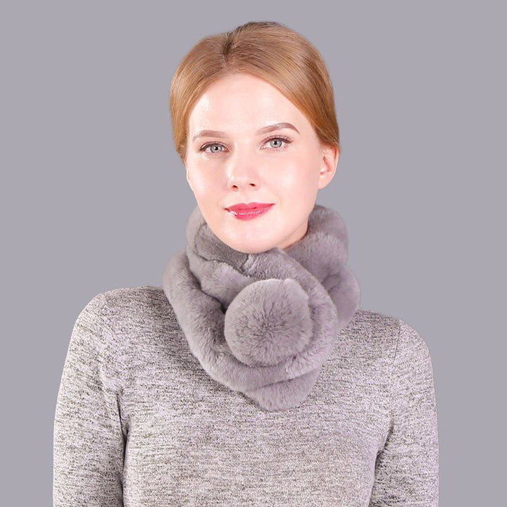 Luxury Real Rabbit Fur Collar Scarf with Pom-Pom Soft Winter Neck Warmer