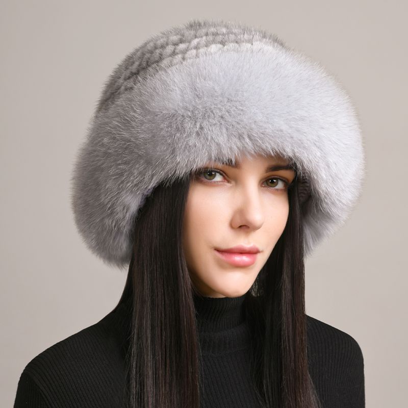 Luxury Mink Fur Hat for Women Full Fox Fur Brim Winter Bucket Hat