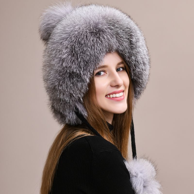 Luxury Real Fox Fur Pom Pom Hat Women Winter Knitted Trapper Hat with Full Fur Trim