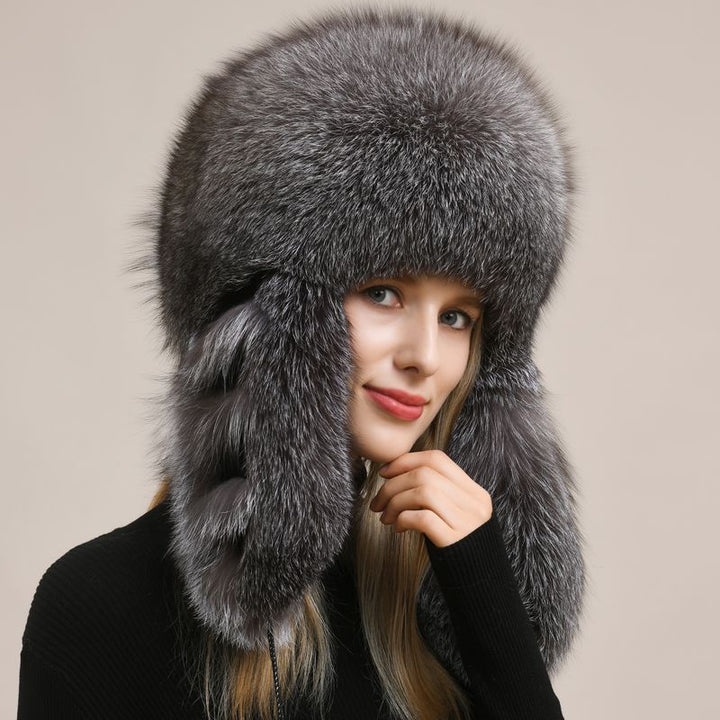Luxury Oversized Two-Tone Real Fox Fur Pom Pom Hat Women Winter Warm Ushanka