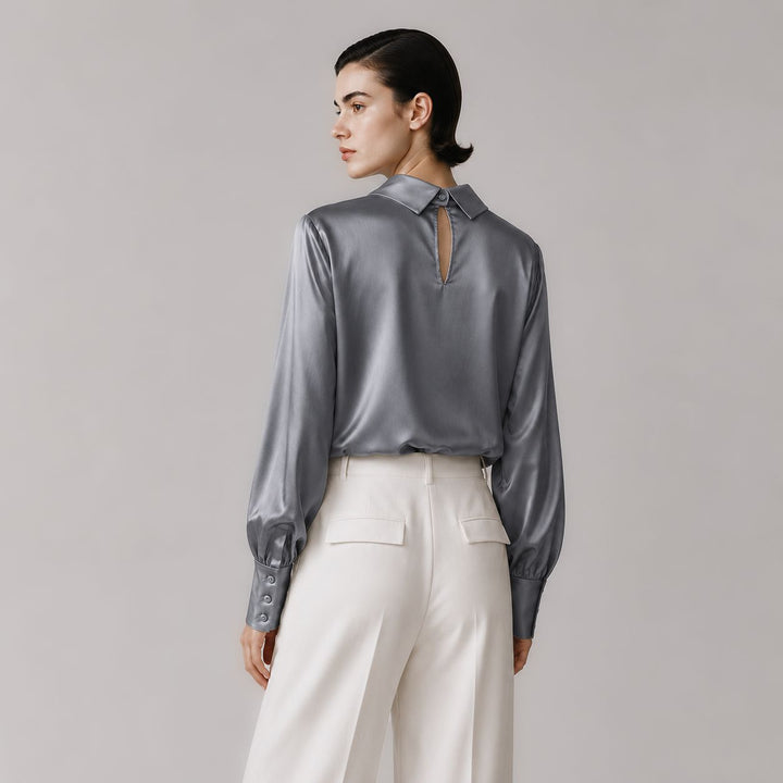 Elegant Long Sleeve High-Neck 100% Mulberry Silk Blouse for Women