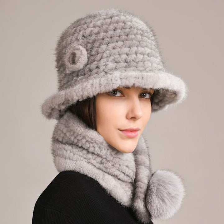 Luxury Mink Fur Hat and Scarf Set for Women Elegant Winter Bucket Hat with Matching Fur Neck Pom-Pom Warmer