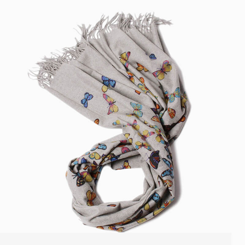 Women's 100% Cashmere Shawl Scarf with Colorful Butterfly Print and Fringes
