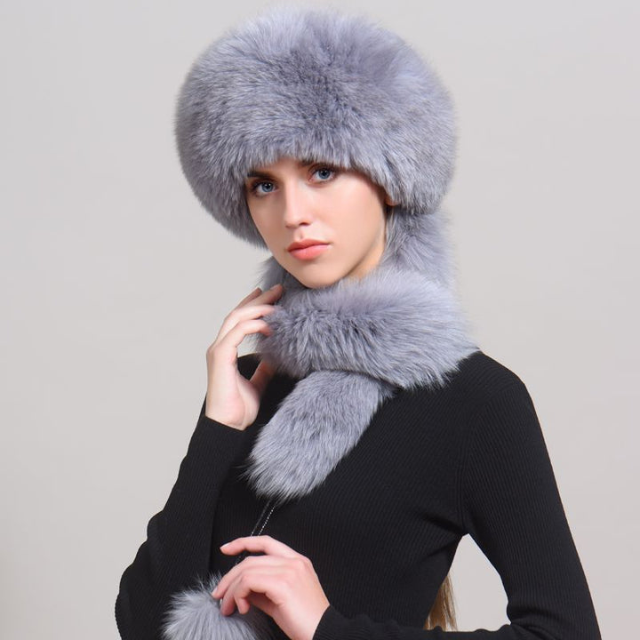 Luxury Winter Fox Fur Trapper Hat Women Pom Pom Fur Ushanka with Tail Scarf