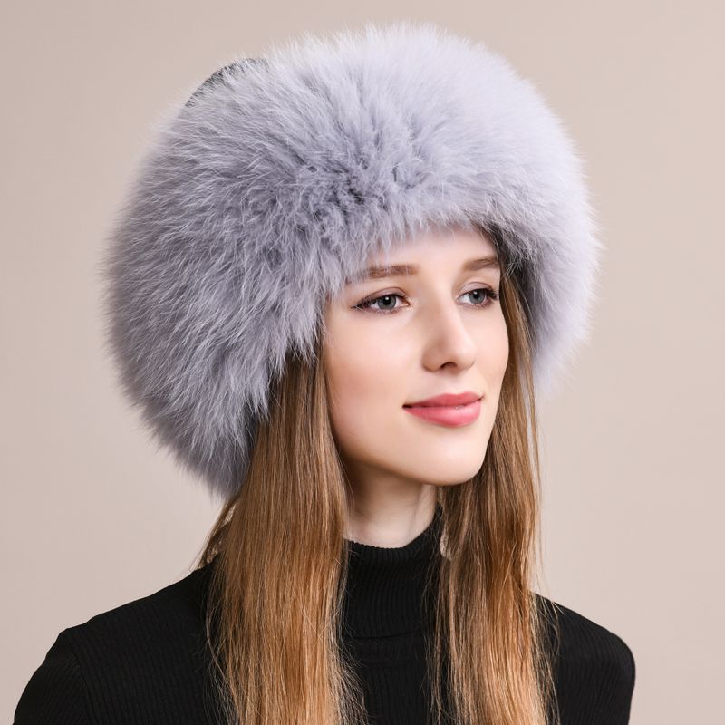 Real Fox Fur Beanie Hat for Women Knit Winter Hat with Full Fur Trim