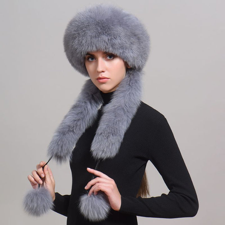 Luxury Winter Fox Fur Trapper Hat Women Pom Pom Fur Ushanka with Tail Scarf