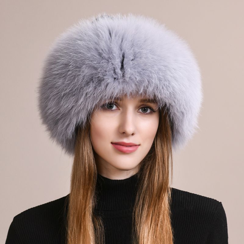 Real Fox Fur Beanie Hat for Women Knit Winter Hat with Full Fur Trim