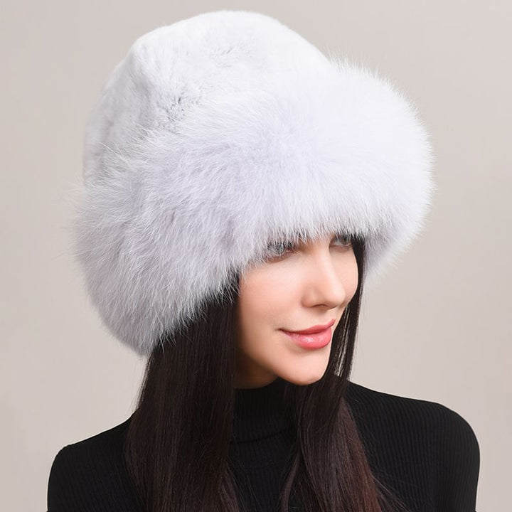 Rabbit Fur Hat with Full Fox Fur Brim Soft Winter Cold Wheather Bucket Hat for Women