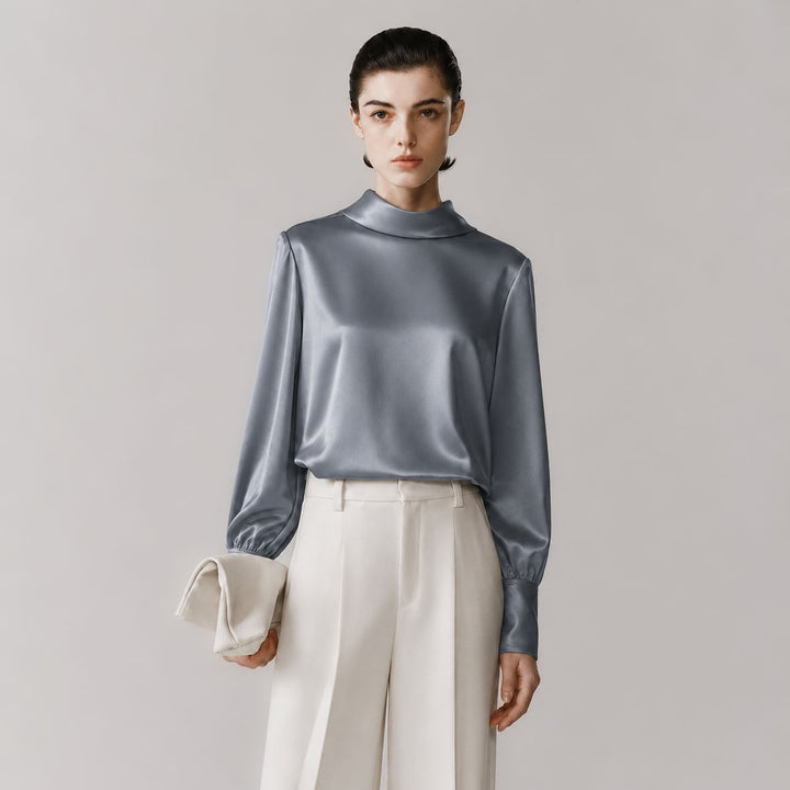 Elegant Long Sleeve High-Neck 100% Mulberry Silk Blouse for Women