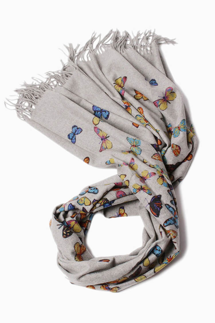 Butterfly Print 100% Cashmere Wrap Scarf with Fringe