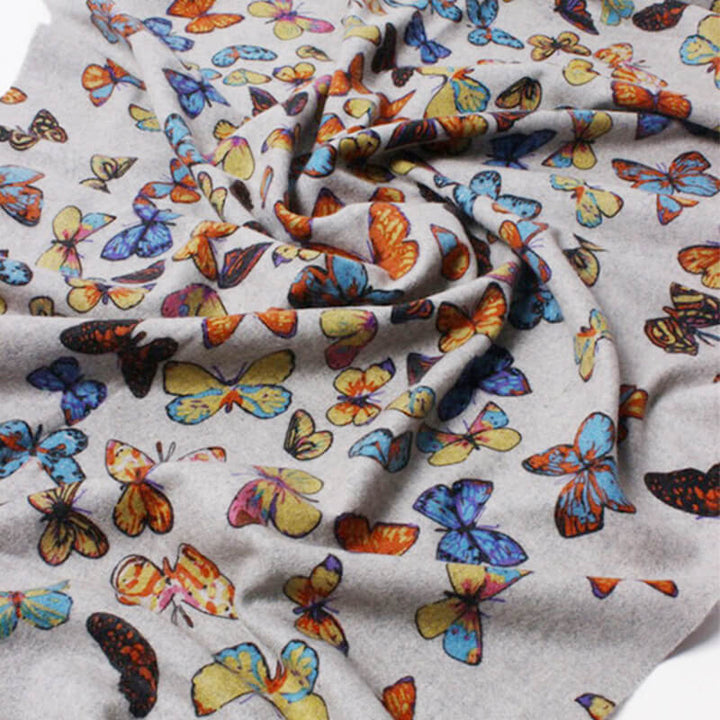 Women's 100% Cashmere Shawl Scarf with Colorful Butterfly Print and Fringes