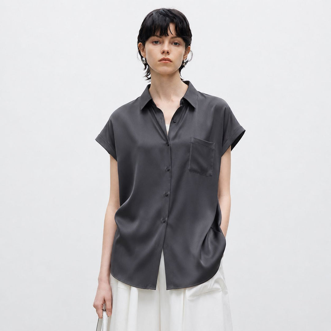 Relaxed Fit Luxury Mulberry Silk Cap Sleeve Shirt Blouse For Women