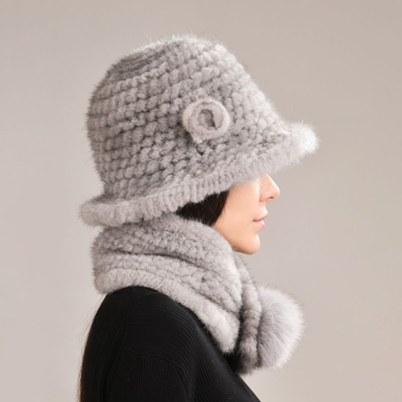 Luxury Mink Fur Hat and Scarf Set for Women Elegant Winter Bucket Hat with Matching Fur Neck Pom-Pom Warmer