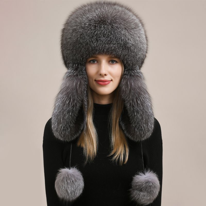 Luxury Oversized Two-Tone Real Fox Fur Pom Pom Hat Women Winter Warm Ushanka