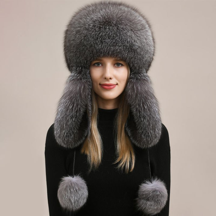 Luxury Oversized Two-Tone Real Fox Fur Pom Pom Hat Women Winter Warm Ushanka