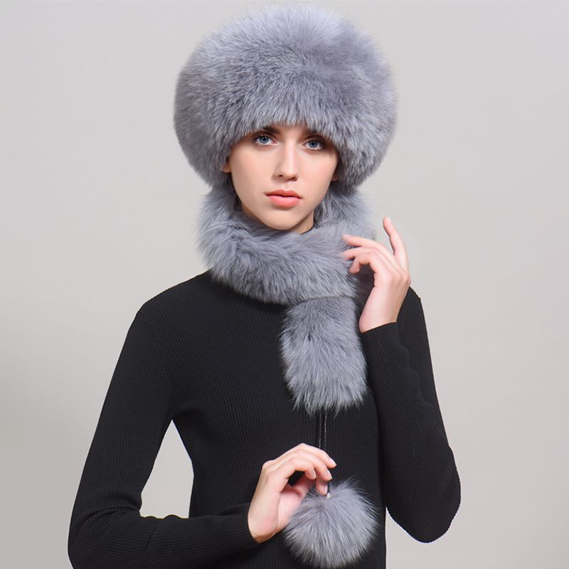 Luxury Winter Fox Fur Trapper Hat Women Pom Pom Fur Ushanka with Tail Scarf