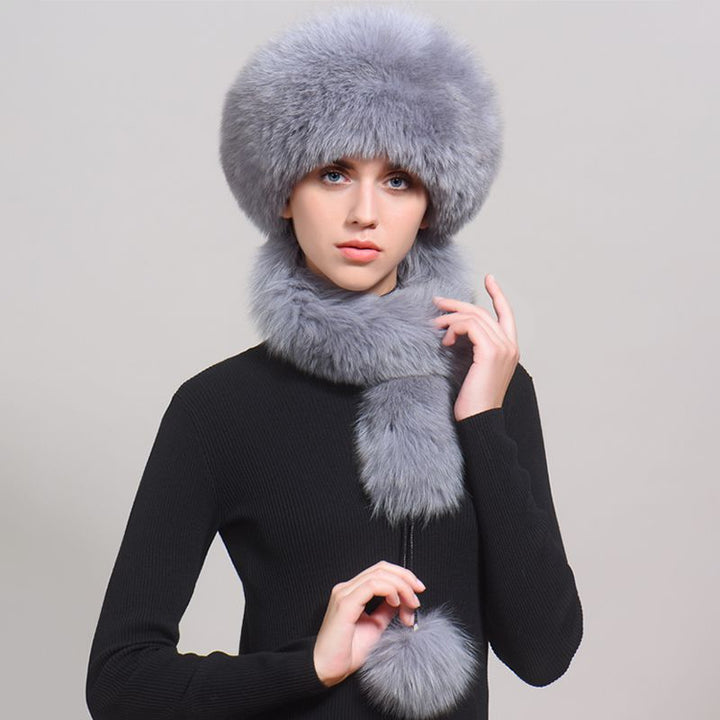 Luxury Winter Fox Fur Trapper Hat Women Pom Pom Fur Ushanka with Tail Scarf