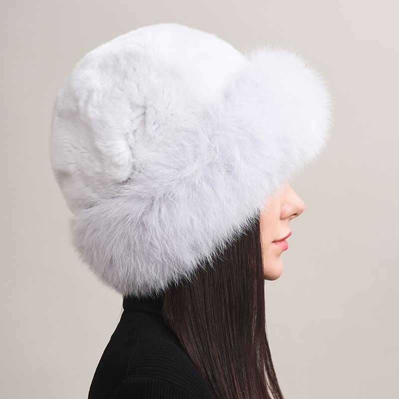 Rabbit Fur Hat with Full Fox Fur Brim Soft Winter Cold Wheather Bucket Hat for Women