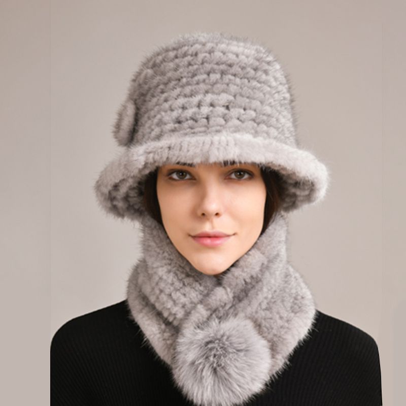 Luxury Mink Fur Hat and Scarf Set for Women Elegant Winter Bucket Hat with Matching Fur Neck Pom-Pom Warmer