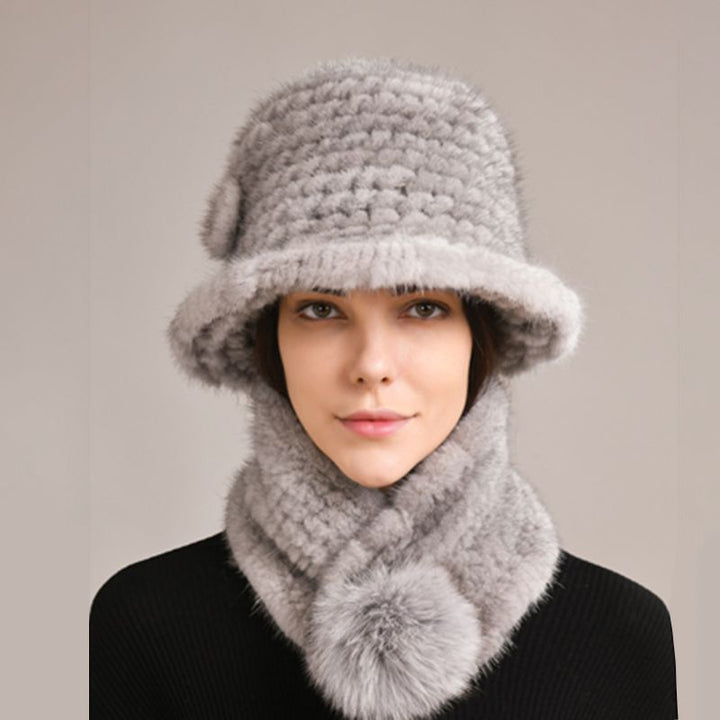 Luxury Mink Fur Hat and Scarf Set for Women Elegant Winter Bucket Hat with Matching Fur Neck Pom-Pom Warmer