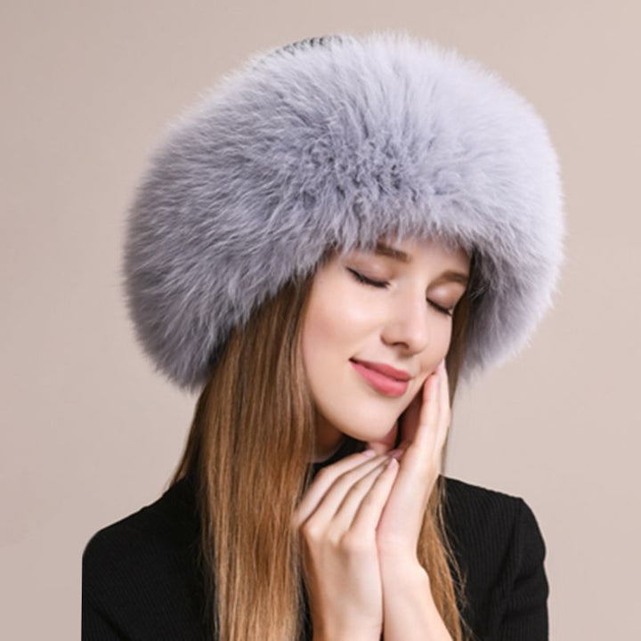 Real Fox Fur Beanie Hat for Women Knit Winter Hat with Full Fur Trim