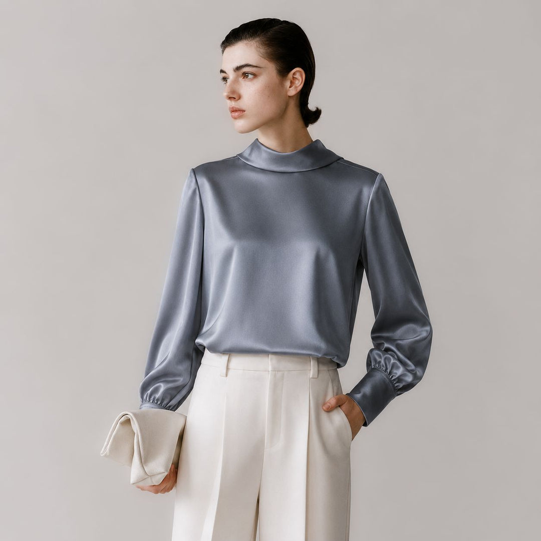 Elegant Long Sleeve High-Neck 100% Mulberry Silk Blouse for Women