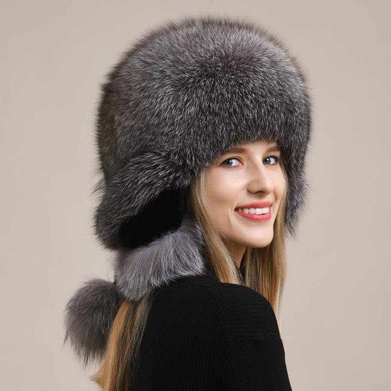 Luxury Oversized Two-Tone Real Fox Fur Pom Pom Hat Women Winter Warm Ushanka