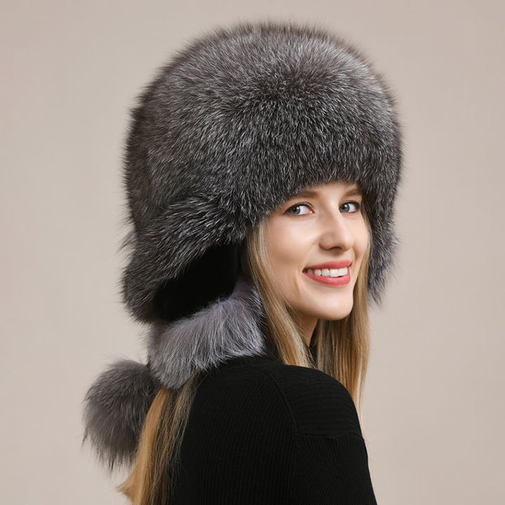 Luxury Oversized Two-Tone Real Fox Fur Pom Pom Hat Women Winter Warm Ushanka