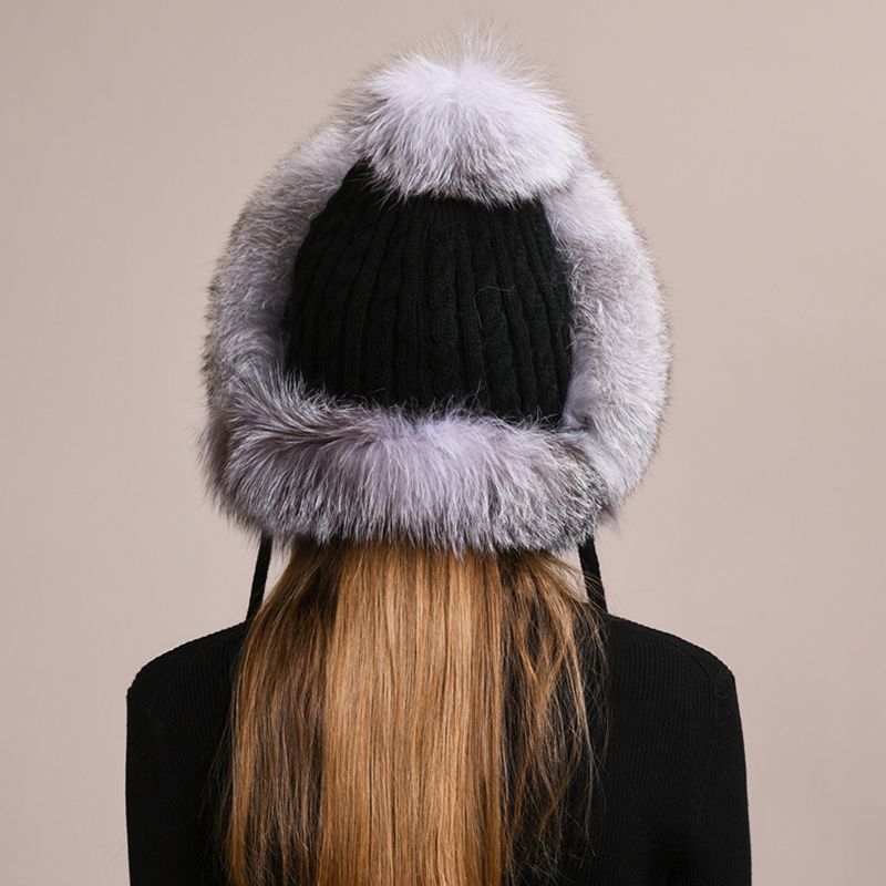 Luxury Real Fox Fur Pom Pom Hat Women Winter Knitted Trapper Hat with Full Fur Trim