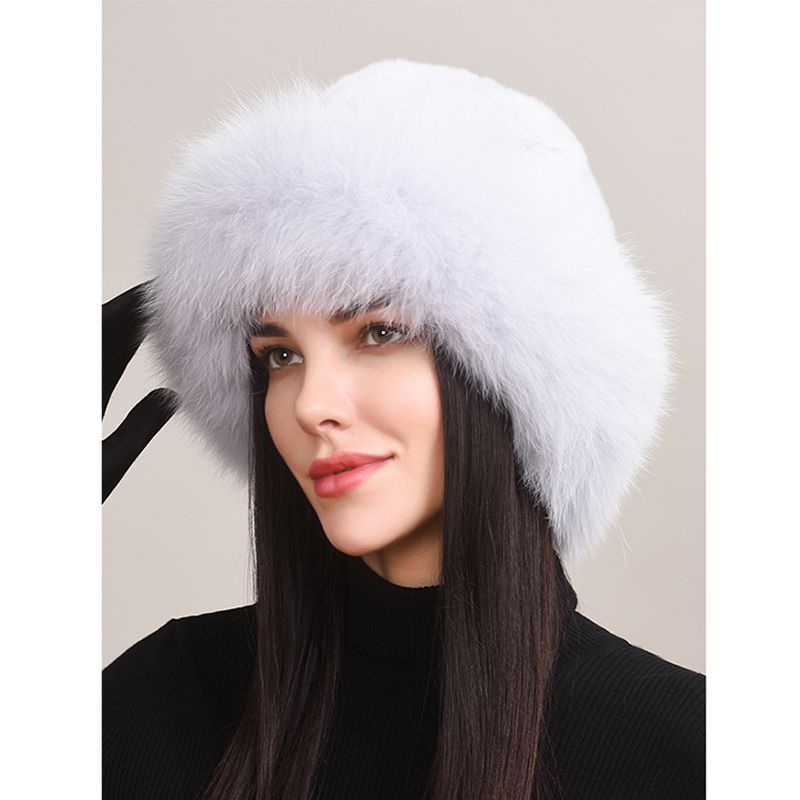 Rabbit Fur Hat with Full Fox Fur Brim Soft Winter Cold Wheather Bucket Hat for Women