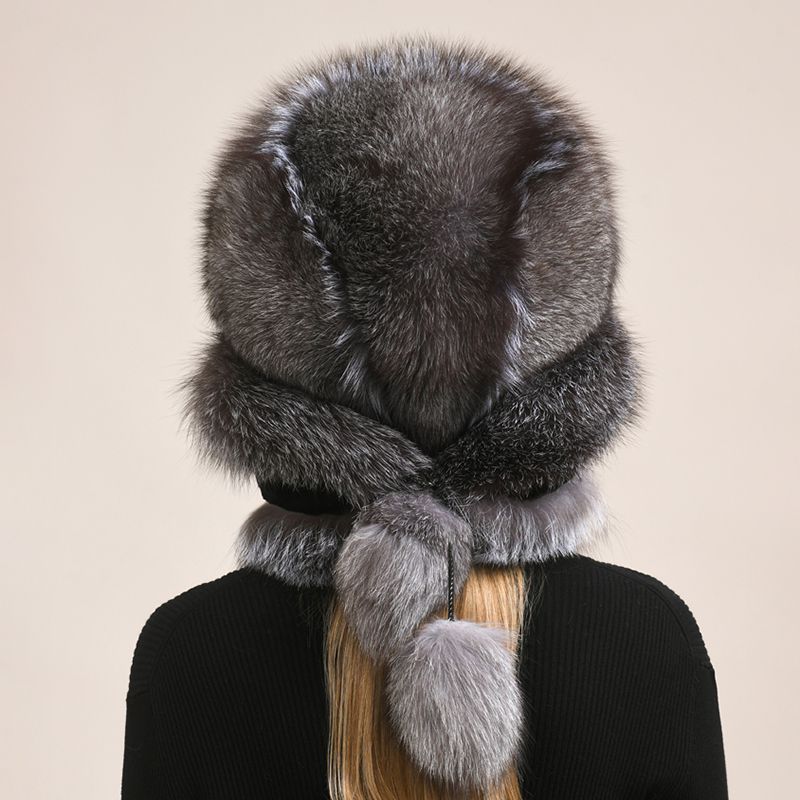 Luxury Oversized Two-Tone Real Fox Fur Pom Pom Hat Women Winter Warm Ushanka
