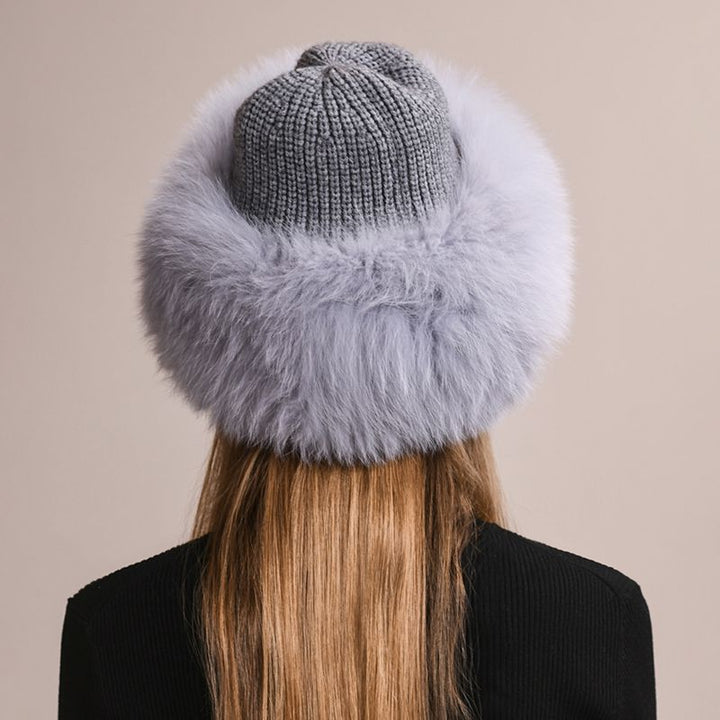Real Fox Fur Beanie Hat for Women Knit Winter Hat with Full Fur Trim