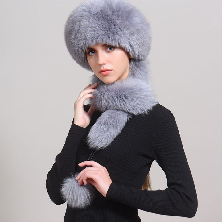 Luxury Winter Fox Fur Trapper Hat Women Pom Pom Fur Ushanka with Tail Scarf