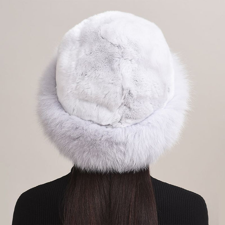 Rabbit Fur Hat with Full Fox Fur Brim Soft Winter Cold Wheather Bucket Hat for Women