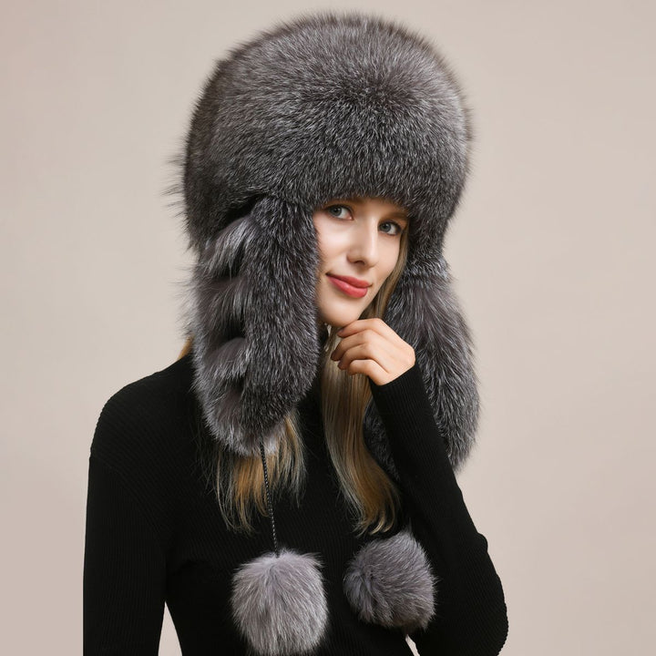 Luxury Oversized Two-Tone Real Fox Fur Pom Pom Hat Women Winter Warm Ushanka