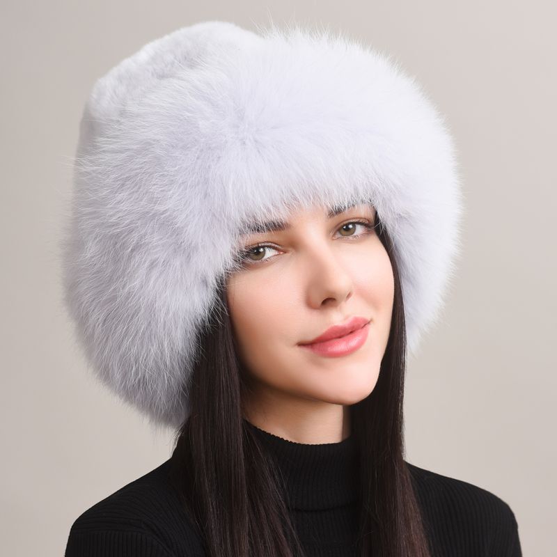 Rabbit Fur Hat with Full Fox Fur Brim Soft Winter Cold Wheather Bucket Hat for Women