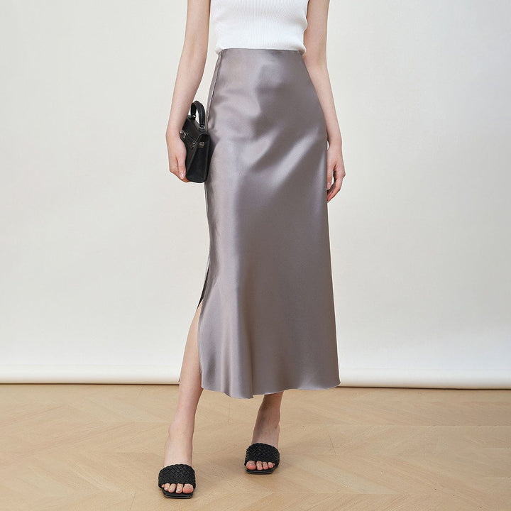 22 Momme Mulberry Charmeuse Silk Midi Skirt with Side Slit