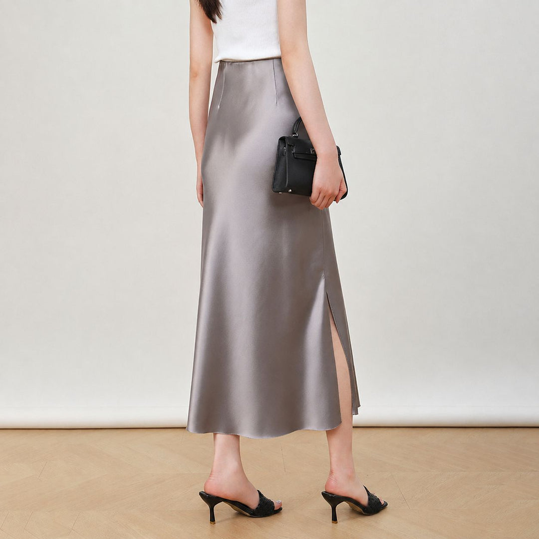 22 Momme Mulberry Charmeuse Silk Midi Skirt with Side Slit