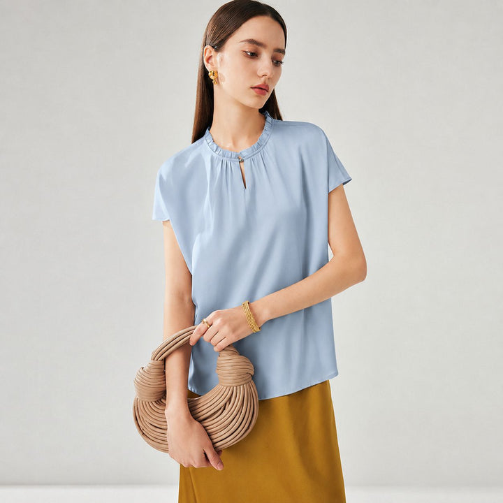 22 Momme Ruffled Stand Collar Women's Short Sleeve Mulberry Silk Shirt