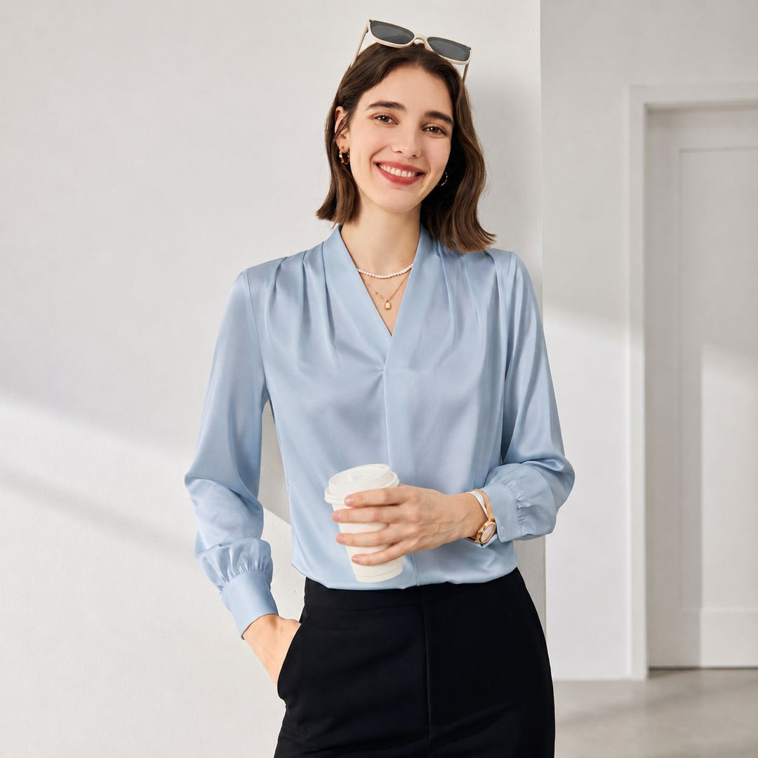 22 Momme Women's V-Neck Draped Front Long Sleeve Silk Blouse