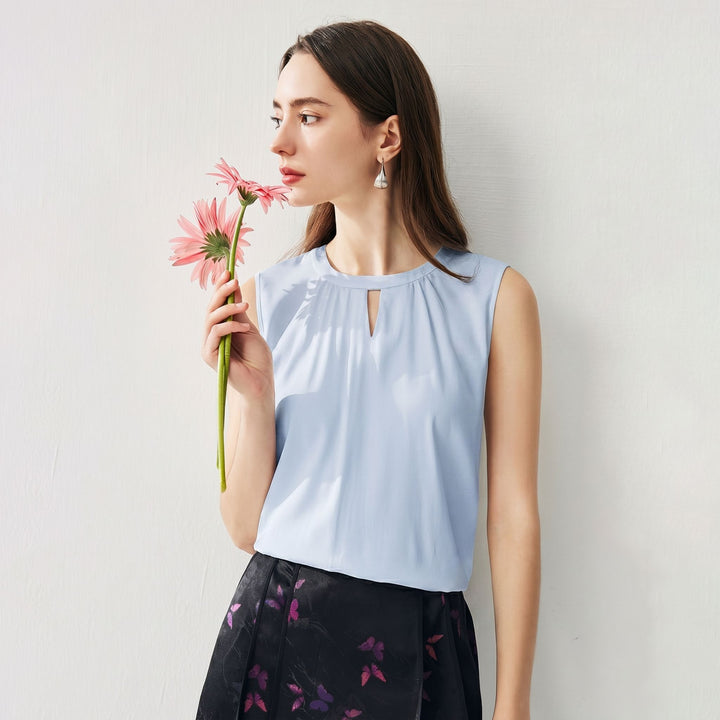 Round Keyhole Neck Sleeveless Mulberry Silk Tank Top for Women