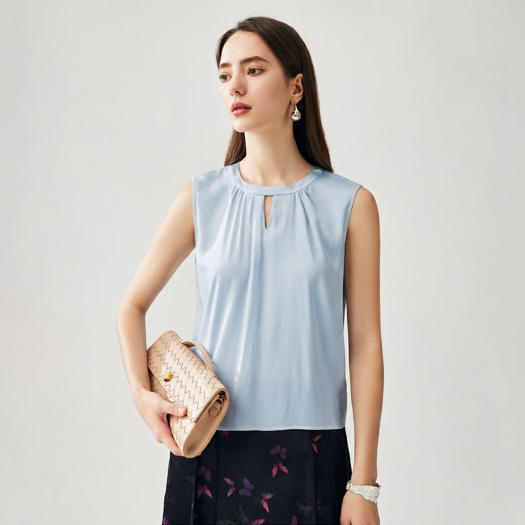 Round Keyhole Neck Sleeveless Mulberry Silk Tank Top for Women