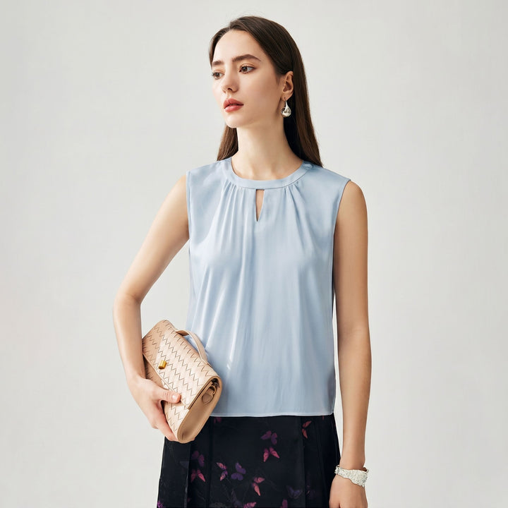 Round Keyhole Neck Sleeveless Mulberry Silk Tank Top for Women