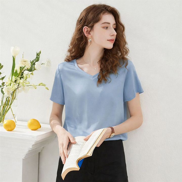 22 Momme Basic V-Neck Pure Mulberry Silk Short Sleeve T-Shirt
