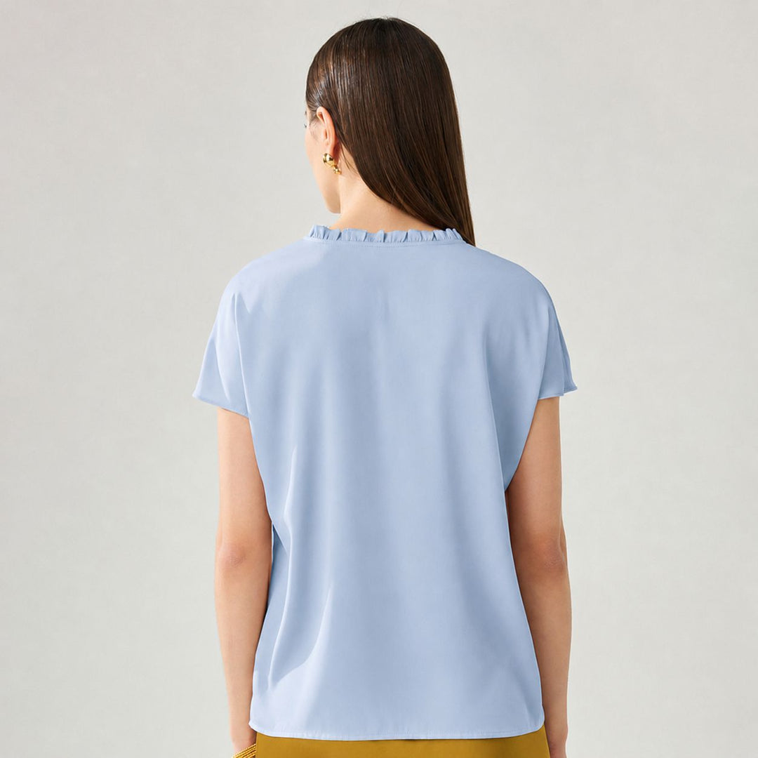 22 Momme Ruffled Stand Collar Women's Short Sleeve Mulberry Silk Shirt