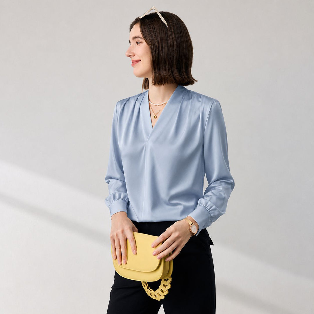 22 Momme Women's V-Neck Draped Front Long Sleeve Silk Blouse