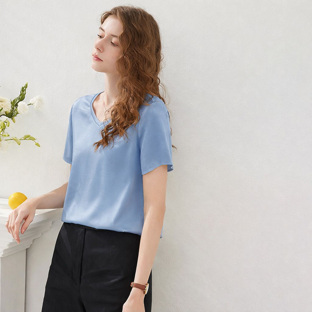 22 Momme Basic V-Neck Pure Mulberry Silk Short Sleeve T-Shirt