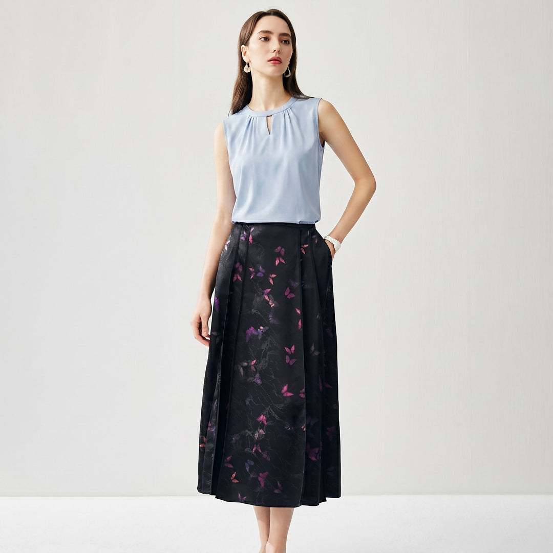 Round Keyhole Neck Sleeveless Mulberry Silk Tank Top for Women